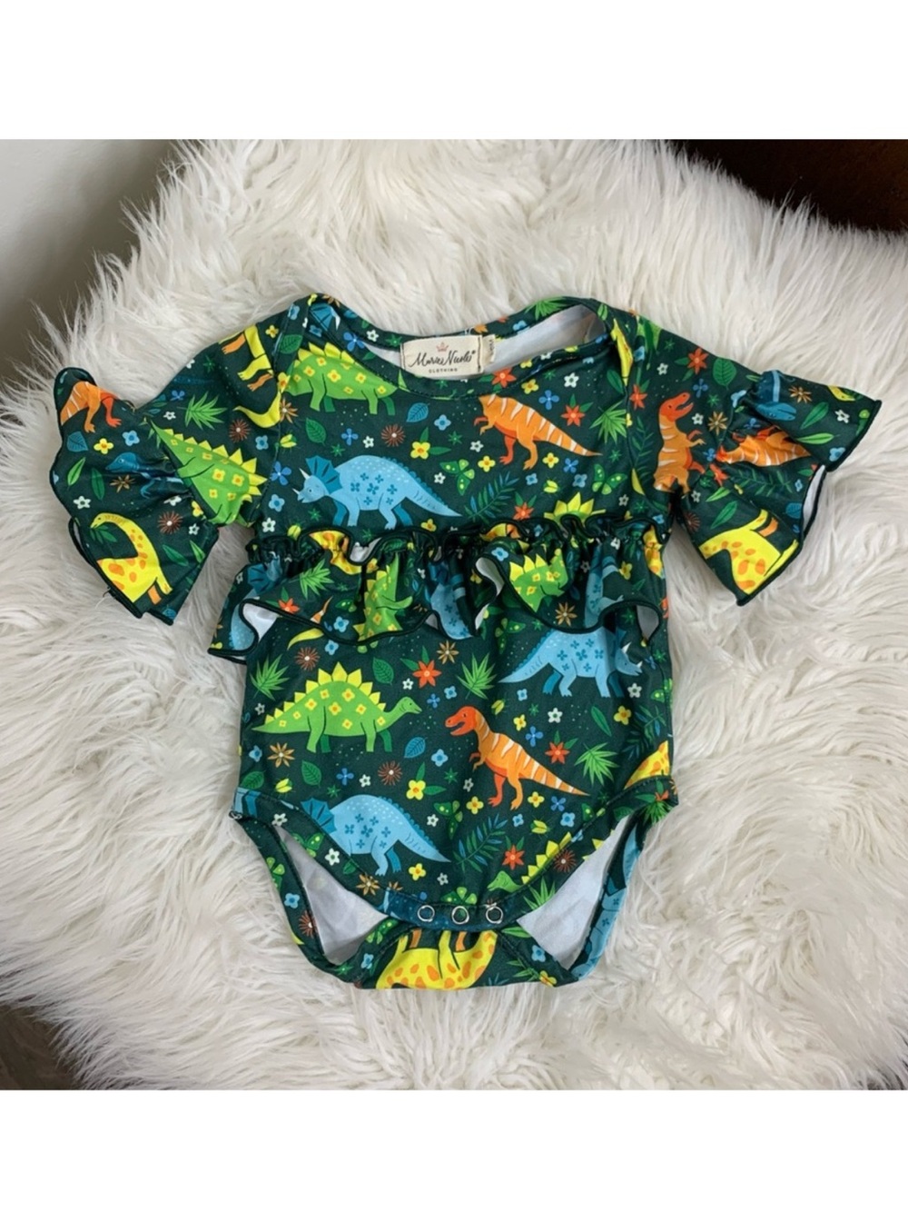 Marie Nicole Mini World Green Dinosaur Ruffle One-Piece Bodysuit Size 3-6M